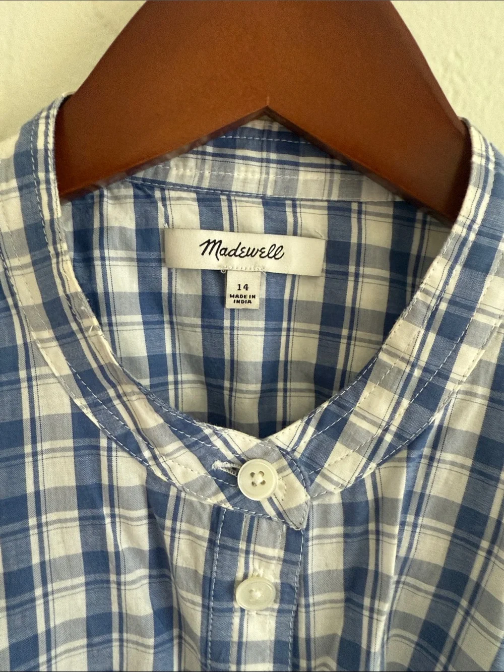 Madewell Blue and White Plaid Puff Sleeve Button-Front Top